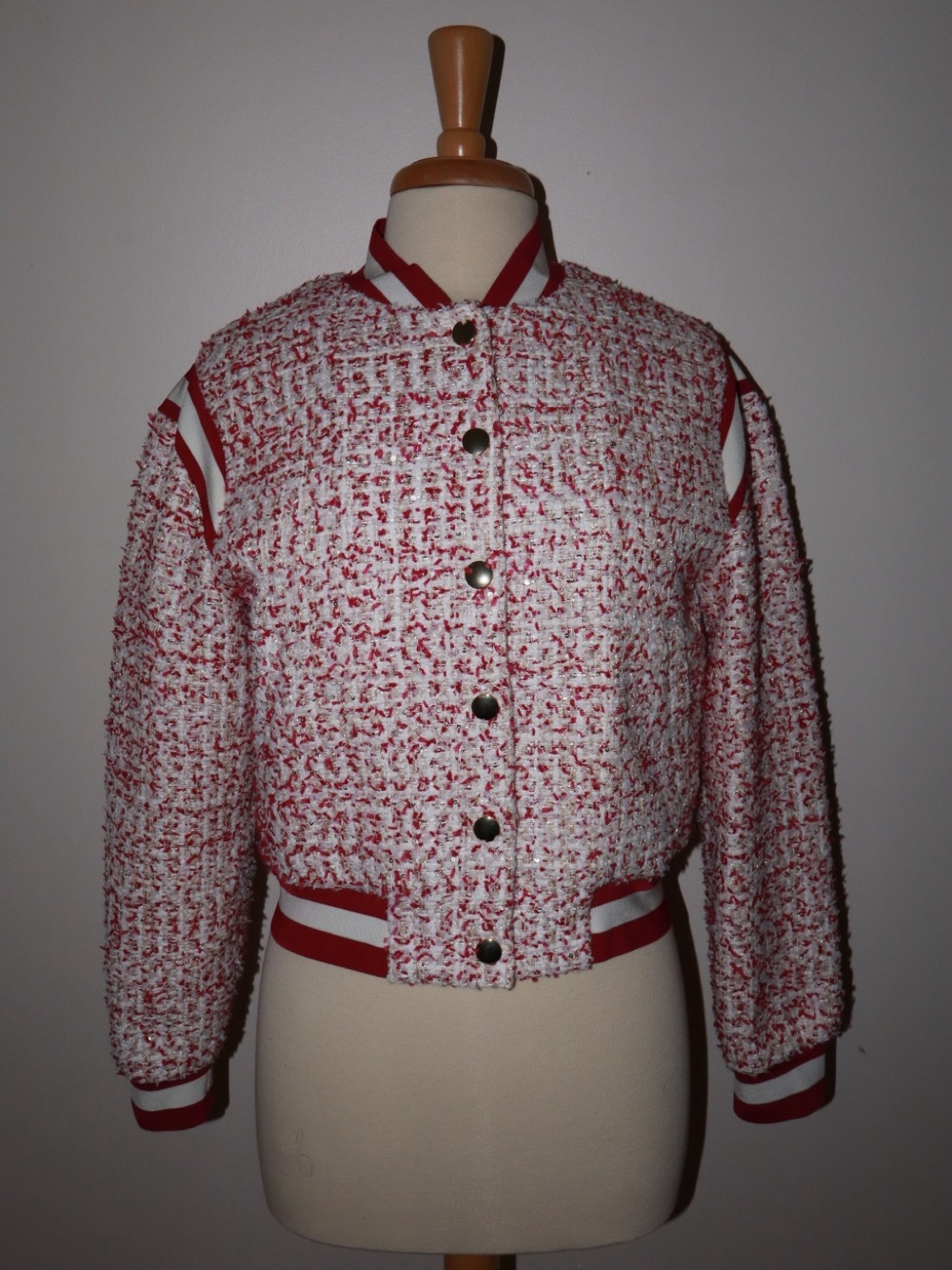 ALICE + OLIVIA Keri Varsity Jacket in Off White/Raspberry